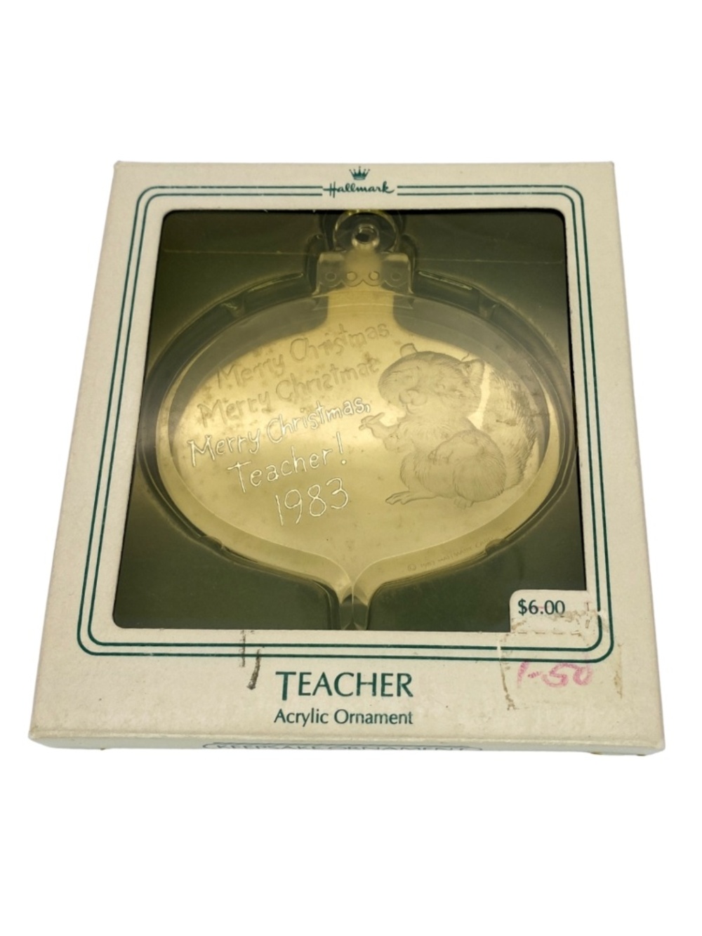 Vintage Hallmark Ornament for Teacher Clear Acrylic Engraved Christmas 1983 NEW